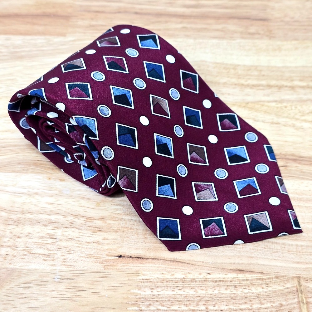 Christian‎ Dior Silk Tie Burgundy Geometric Diamond and Dot Pattern Made in USA